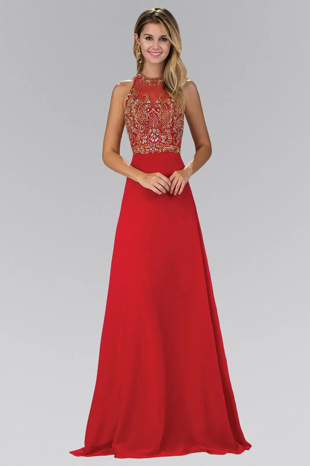 Jewel and Bead Embellished Long Dress with Back Cut Out Tux-USA