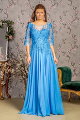 Bead Embroidery Sheer Neckline V-back Chiffon A-line Long Dress Tux-USA