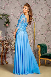 Bead Embroidery Sheer Neckline V-back Chiffon A-line Long Dress Tux-USA