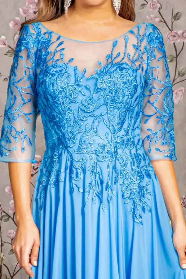 Bead Embroidery Sheer Neckline V-back Chiffon A-line Long Dress Tux-USA